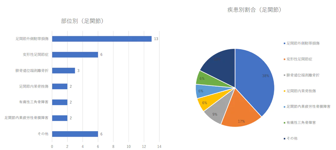 足関節の疾患別治療件数2024年（1月から3月）及び割合