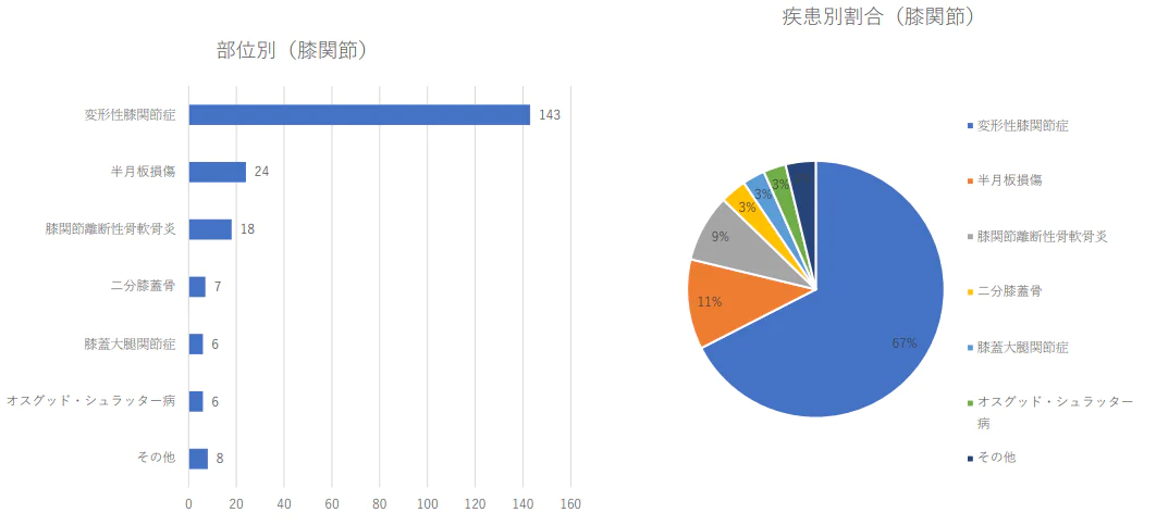 膝関節の疾患別治療件数 2024年（1月から3月）及び割合