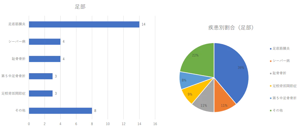 足部の疾患別治療件数 2024年（1月から3月）及び割合