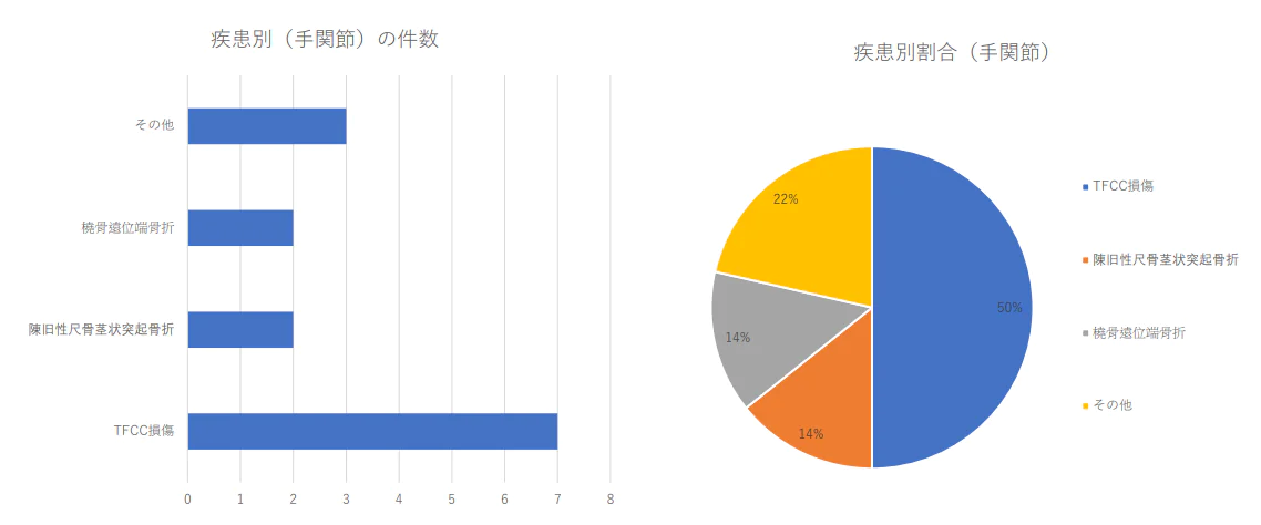 手関節の疾患別治療件数 2024年（1月から3月）及び割合